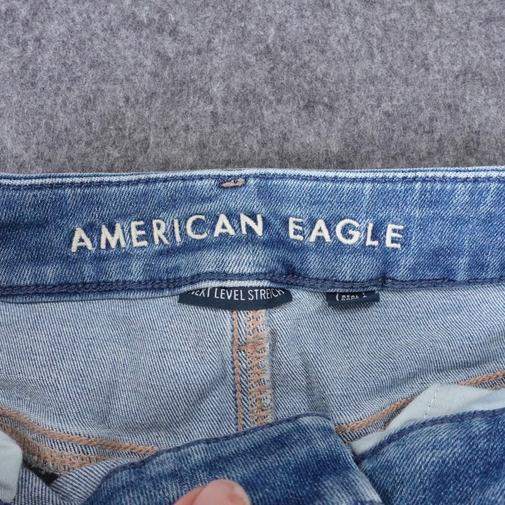 American Eagle Curvy Super High-Rise Flare Distressed Jeans Light Wash Blue - Picture 12 of 13
